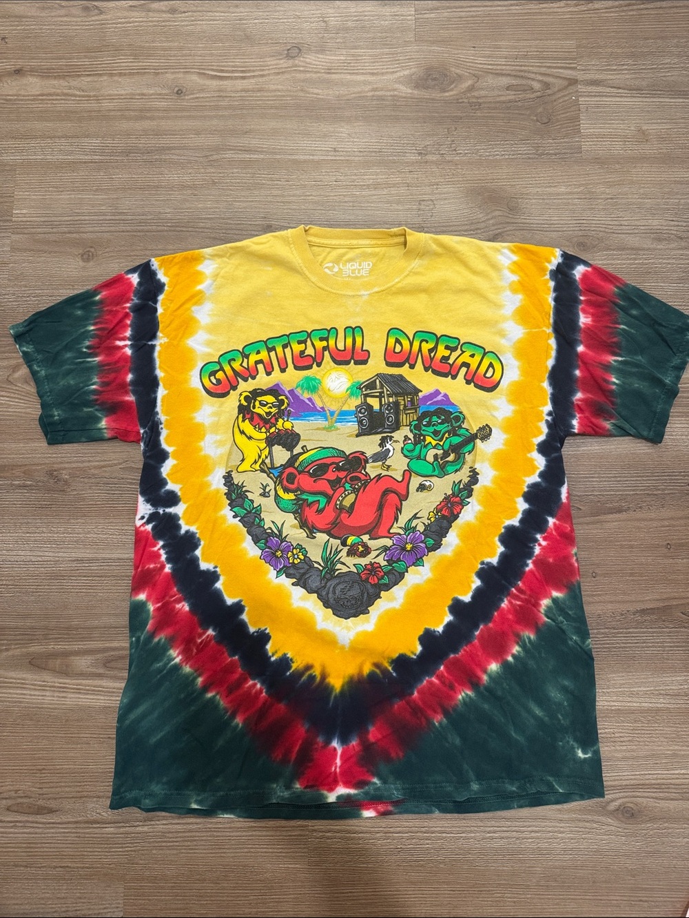 Grateful Dead Yellow Tie-Dye Short Sleeve Tee with Multicolor Skull Graphic